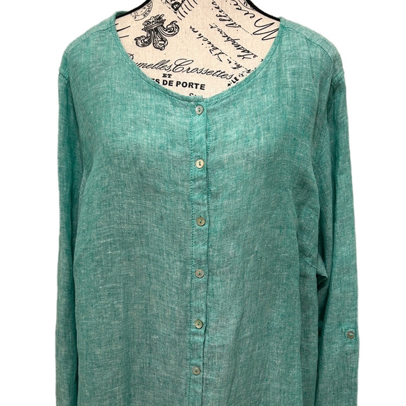 Tahari Teal Linen Plus Size 2X Tunic Blouse - Picture 2 of 8